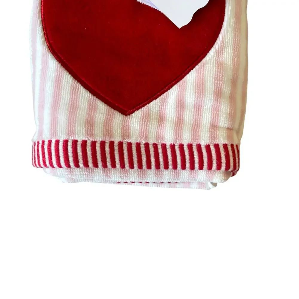 2pc Valentine's Day Hand Towels Embroidered Red Heart Pink Stripes 18x28 Cotton